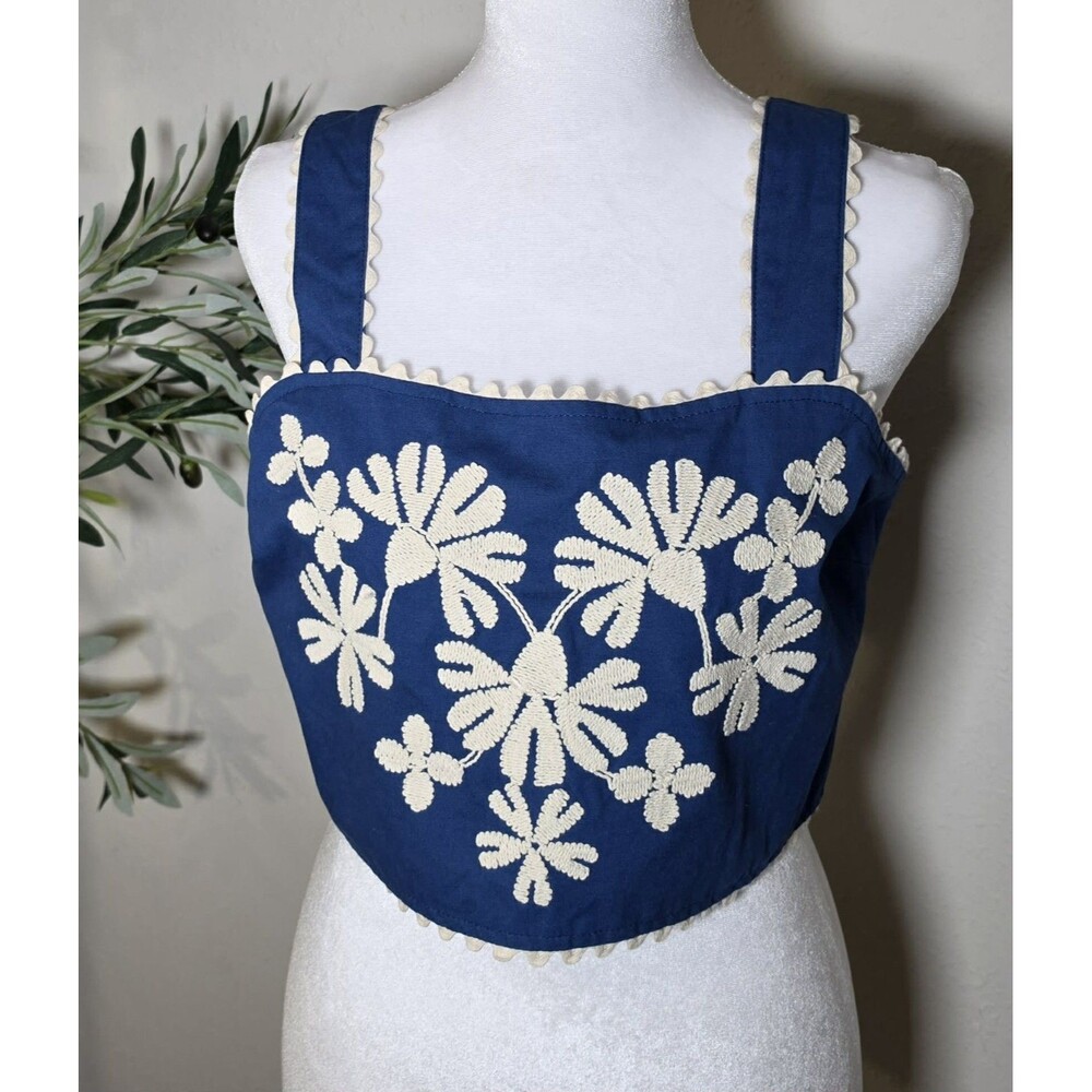 MABLE Navy Blue Embroidered Ric Rac Crop Top Small/Medium Cottagecore Boho